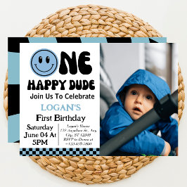 幸せな少年1歳の誕生日フォト 招待状