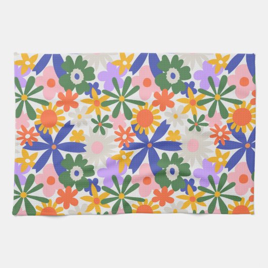 幸せな巨大な原色の花の爆発 キッチンタオル (横)
