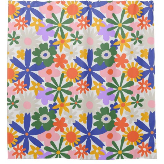 幸せな巨大な原色の花の爆発 シャワーカーテン (正面)