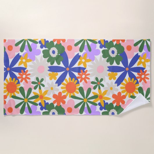 幸せな巨大な原色の花の爆発 ビーチタオル (正面)