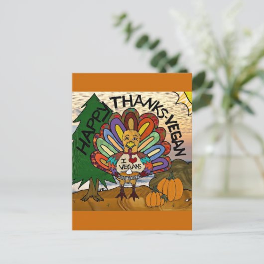 幸せな感謝のビーガンの感謝祭トルコ シーズンポストカード (スタンド正面)