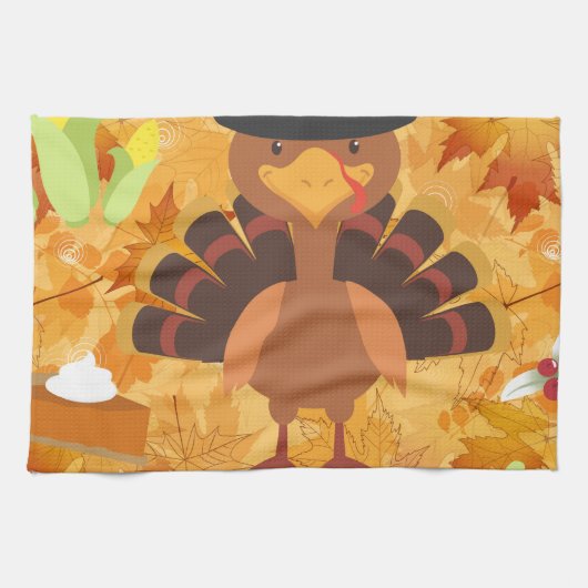 幸せな感謝の七面鳥 キッチンタオル (横)