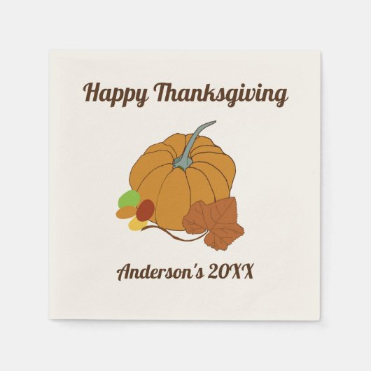 幸せな感謝カボチャと葉の名前と日付 スタンダードカクテルナプキン (正面)