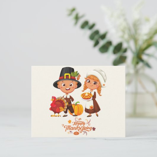 幸せな感謝祭かわいい巡礼者カップル シーズンポストカード (スタンド正面)