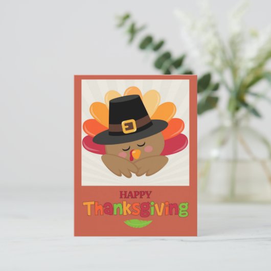 幸せな感謝祭かわいい漫画の七面鳥はがき ポストカード (スタンド正面)