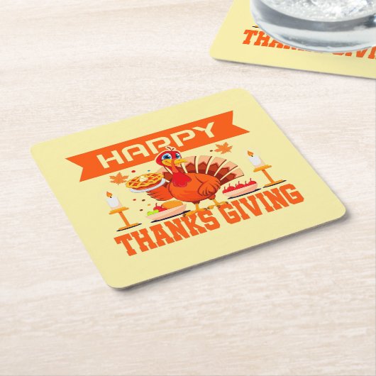 幸せな感謝祭のトルコとパイ スクエアペーパーコースター (アングル)