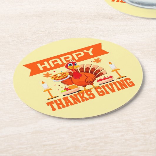 幸せな感謝祭のトルコとパイ ラウンドペーパーコースター (アングル)