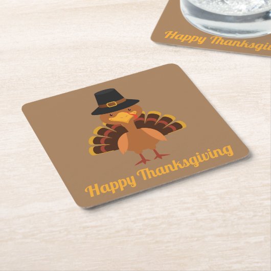 幸せな感謝祭のパーソナライズされた七面鳥 スクエアペーパーコースター (アングル)