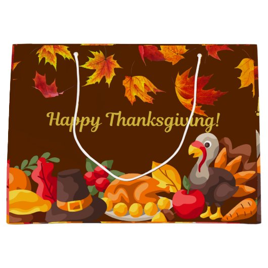 幸せな感謝祭の収穫 – トルコと野菜 ラージペーパーバッグ (正面)