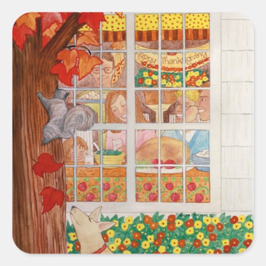 幸せな感謝祭の家族の食事シーン スクエアシール (正面)