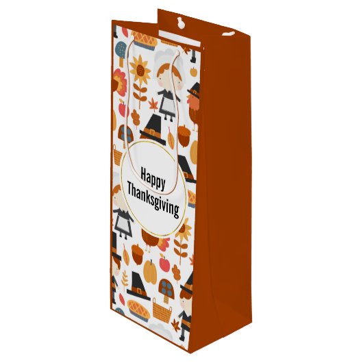 幸せな感謝祭の巡礼者の収穫パターン ワインギフトバッグ (正面アングル)