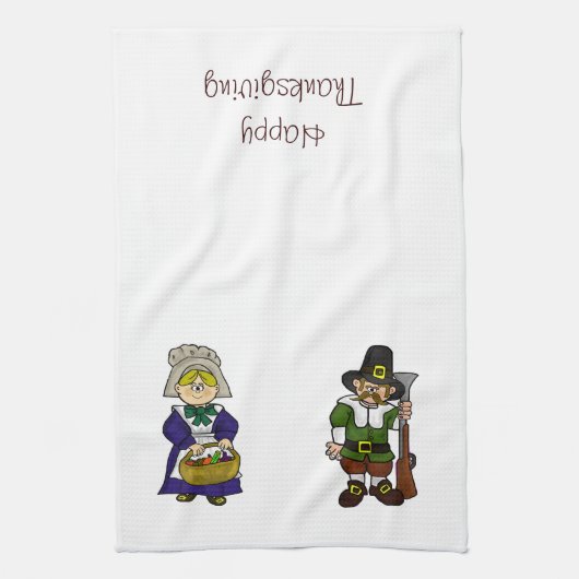 幸せな感謝祭の巡礼者キッチンタオル キッチンタオル (縦)