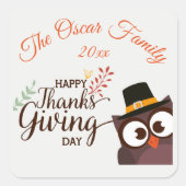 幸せな感謝祭の日かわいいフクロウのステッカーシート スクエアシール (正面)