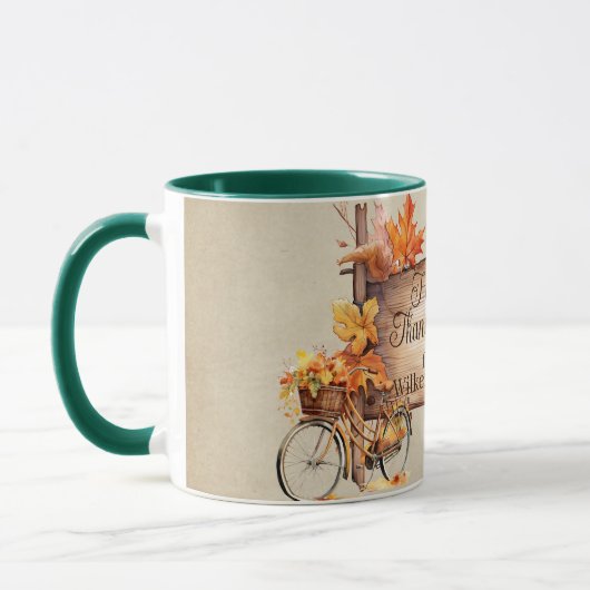 幸せな感謝祭の木の看板と秋のシーン マグカップ (左)