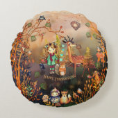 幸せな感謝祭の森の動物 ラウンドクッション (正面)