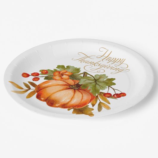 幸せな感謝祭の水の色カボチャとベリー ペーパープレート (アングル)