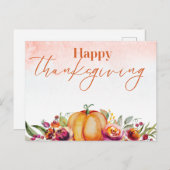 幸せな感謝祭の水彩かぼちゃと花 シーズンポストカード (正面/裏面)