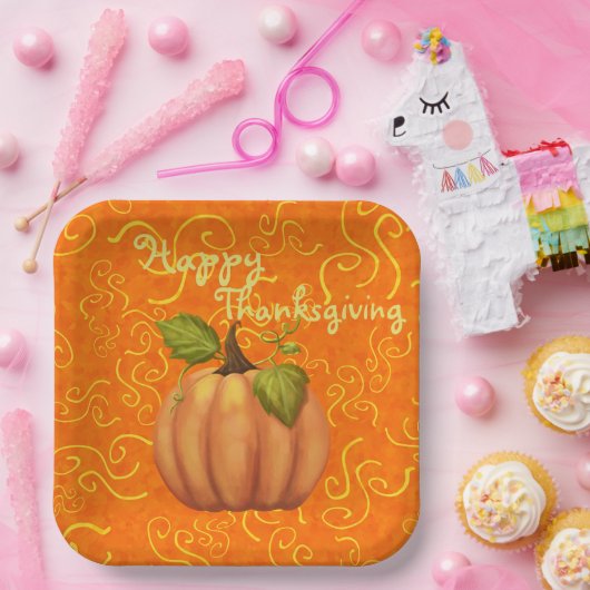 幸せな感謝祭オレンジと黄色の渦巻き広場 ペーパープレート (パーティー)