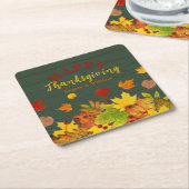 幸せな感謝祭カラフル秋の木の葉 スクエアペーパーコースター (アングル)