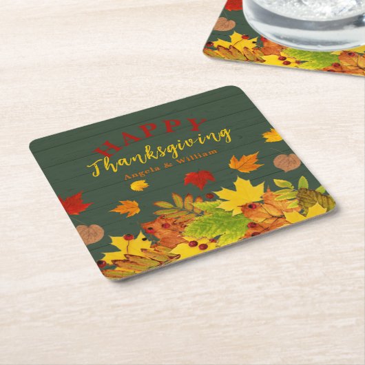 幸せな感謝祭カラフル秋の木の葉 スクエアペーパーコースター (アングル)