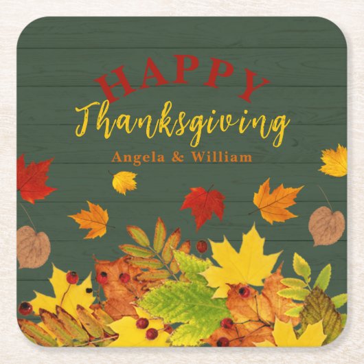 幸せな感謝祭カラフル秋の木の葉 スクエアペーパーコースター (正面)