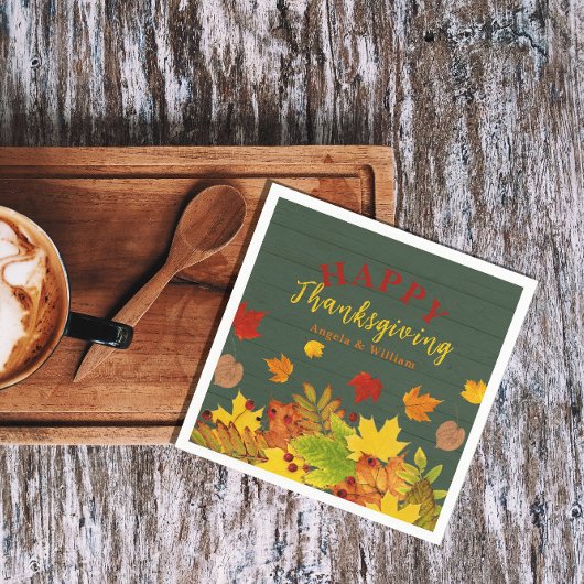 幸せな感謝祭カラフル秋の木の葉 スタンダードカクテルナプキン