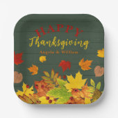 幸せな感謝祭カラフル秋の木の葉 ペーパープレート (正面)