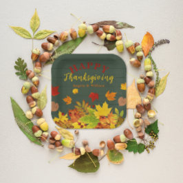 幸せな感謝祭カラフル秋の木の葉 ペーパープレート