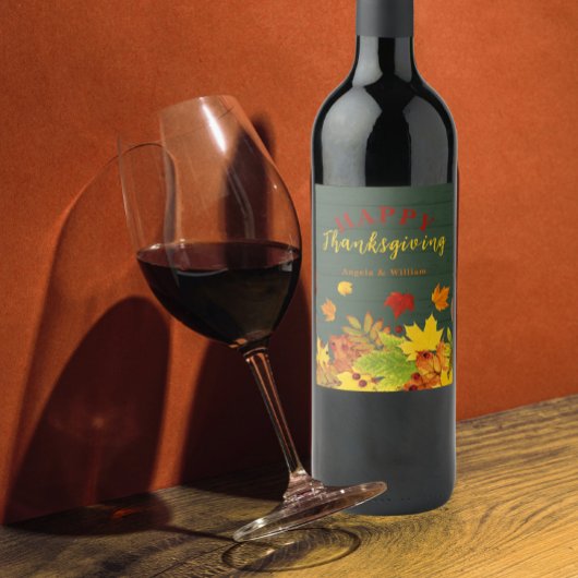 幸せな感謝祭カラフル秋の木の葉 ワインラベル