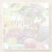 幸せな感謝祭コルヌコピア果実ブドウのリンゴ ガラスコースター (裏面)