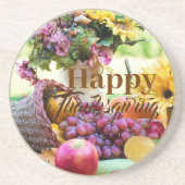 幸せな感謝祭コルヌコピア果実ブドウのリンゴ コースター (正面)