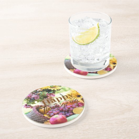 幸せな感謝祭コルヌコピア果実ブドウのリンゴ コースター (側面)