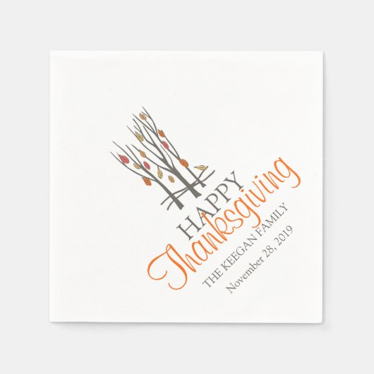 幸せな感謝祭秋の木オレンジ色の灰色のナプキン スタンダードカクテルナプキン (正面)