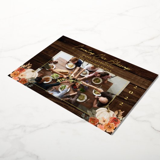 幸せな感謝祭 – カウント私たちの恵み1写真 箔シーズンカード (回転した状態)