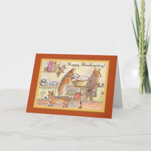 幸せな感謝祭、コーギー家族のベーキング シーズンカード (正面)