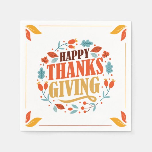 幸せな感謝祭 |秋ホリデーターキーディナー スタンダードカクテルナプキン (正面)