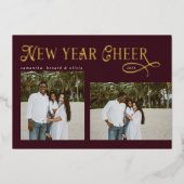 幸せな新年の挨拶 モダン ファミリー フォト バーガンディ 箔シーズンカード (正面)