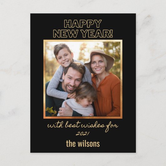幸せな新年ブラックと金ゴールドの上品な写真 ポストカード (正面)