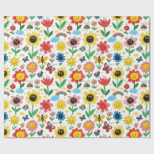 幸せな日 – 明るい花と友達のパターン ラッピングペーパー (フラット)