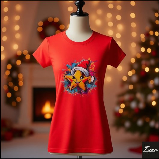 幸せな星のサンタ帽子のペンキのしぶき Tシャツ