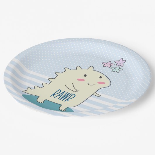 幸せな星を持つかわいい黄色の恐竜 ペーパープレート (アングル)