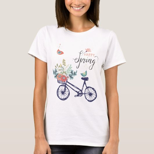 幸せな春デザイン:自転車、花と鳥 Tシャツ (正面)