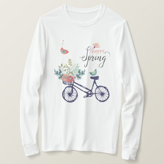 幸せな春デザイン：自転車、花と鳥 Tシャツ (デザイン正面)