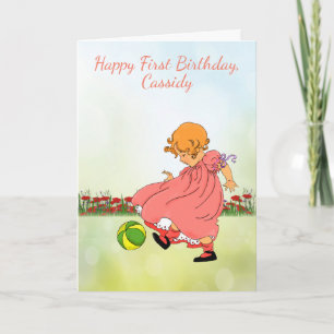 幸せな最初誕生日、球を持つ幼児の女の子 カード