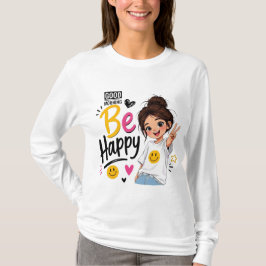 幸せな朝を ハッピースマイル ピースサイン かわいい女の子 Tシャツ