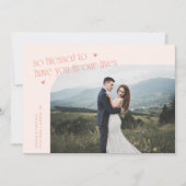 幸せな桃色の結婚式フォト サンキューカード (正面)