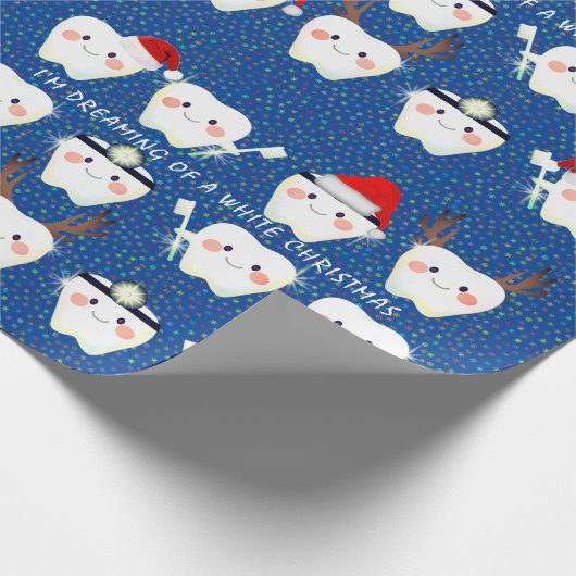 幸せな歯と雪の青クリスマス ラッピングペーパー (角)
