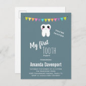 幸せな歯歯が私の最初の歯のパーティー インビテーションポストカード (正面/裏面)