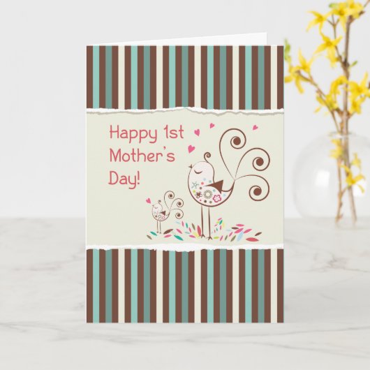 幸せな母の日かわいい鳥たちストライプ|過去記事 カード (黄色い花)