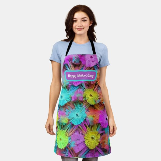 幸せな母の日のカラフル装飾パーソナライズされた エプロン (着用した状態)